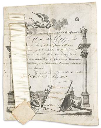 PAUL REVERE. Masonic certificate engraved by Revere.